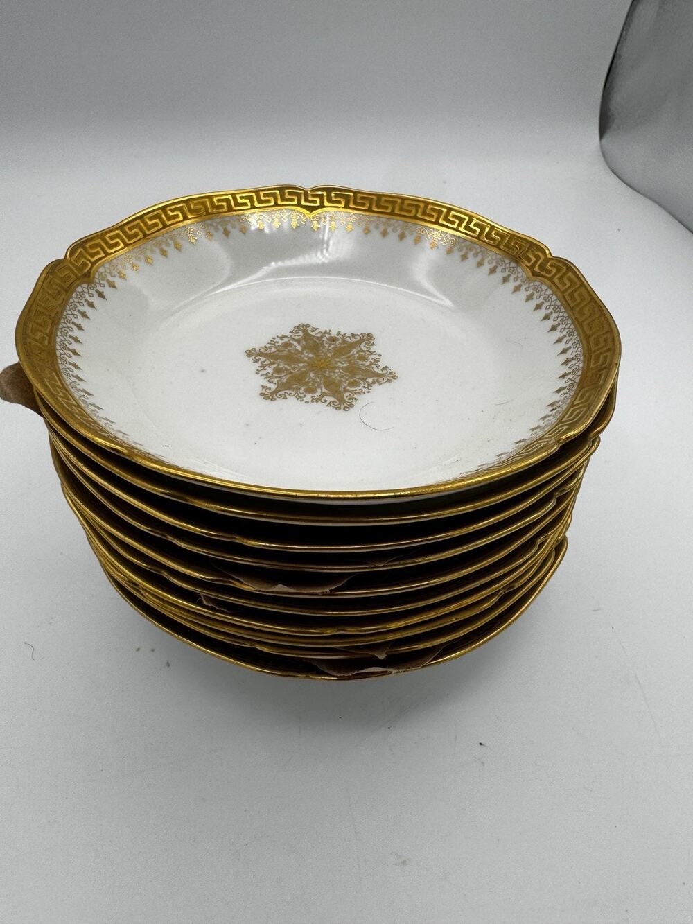Limoges France Elite Works M Redon Gilded Berry Bowls Gold Greek Key Set of 8